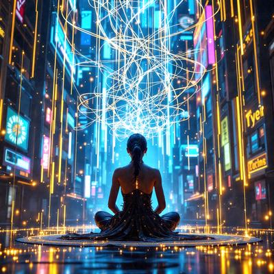 The primary subject of the image is a woman sitting on a round surface, possibly a yoga mat, in a futuristic setting. She is surrounded by a multitude of neon lights, which create a vibrant and lively atmosphere. The visual style of the image is a combination of digital art and illustration, giving it a unique and captivating appearance. The colors and mood of the image are predominantly bright and energetic, reflecting the futuristic and dynamic environment in which the woman is seated.